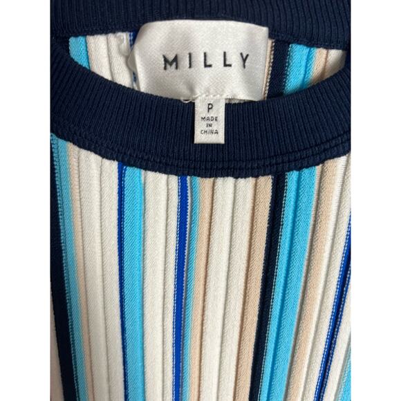 Milly Blue Stripe Ribbed Stretch Knit Fringe Short Sleeve Midi Dress Size Petite - Picture 8 of 9